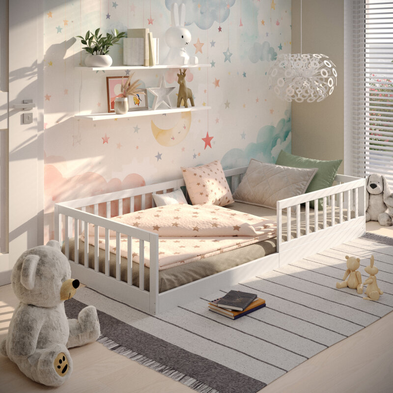 Weißes Kinder Bodenbett 90x200 mit abnehmbaren Rausfallschutz