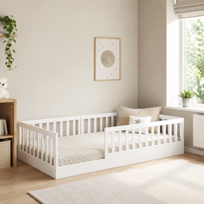 TIMIXL Bodenbett Weiß 90 × 200 cm – Darstellung der drei Rausfallschutz-Varianten ohne Rausfallschutz, mit kurzem Rausfallschutz und mit langem Rausfallschutz