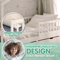 Modernes Hausbett Davi mit abgerundeten Kanten, stabiler Konstruktion bis 200 kg belastbar, nachhaltige Materialien für Kinderzimmer.